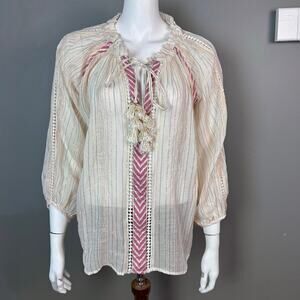 Miss June top tunic Medium peasant‎ cover-up boho cream tassel beach sheer